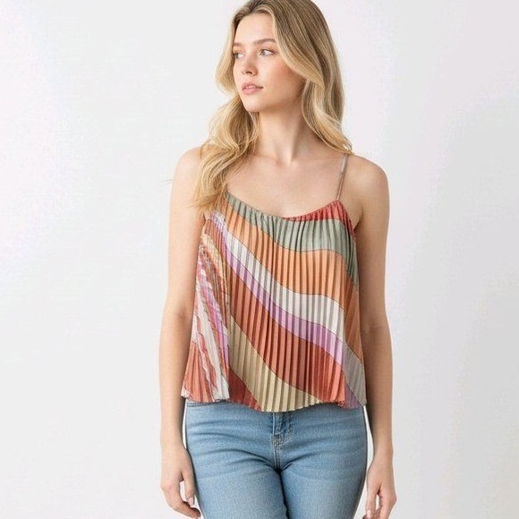 Skies Are Blue Tops - Skies Are Blue Pleated Cami Tank Top Multicolor Stripe Boho Size‎ L